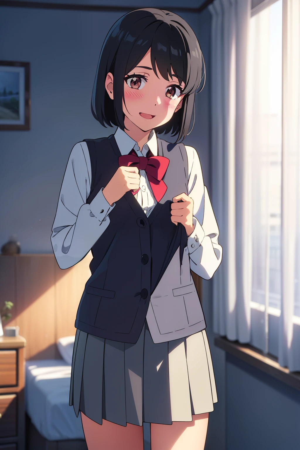 :
1girl, bangs, black hair, blush, bow, brown eyes, collared shirt,white long sleeve shirt, short hair, undressing grey vest, short skirt, long sleeves, puffy sleeves, red neckerchief, smile, open mouth, looking at the viewer, bedroom, curtain, cowboy shot