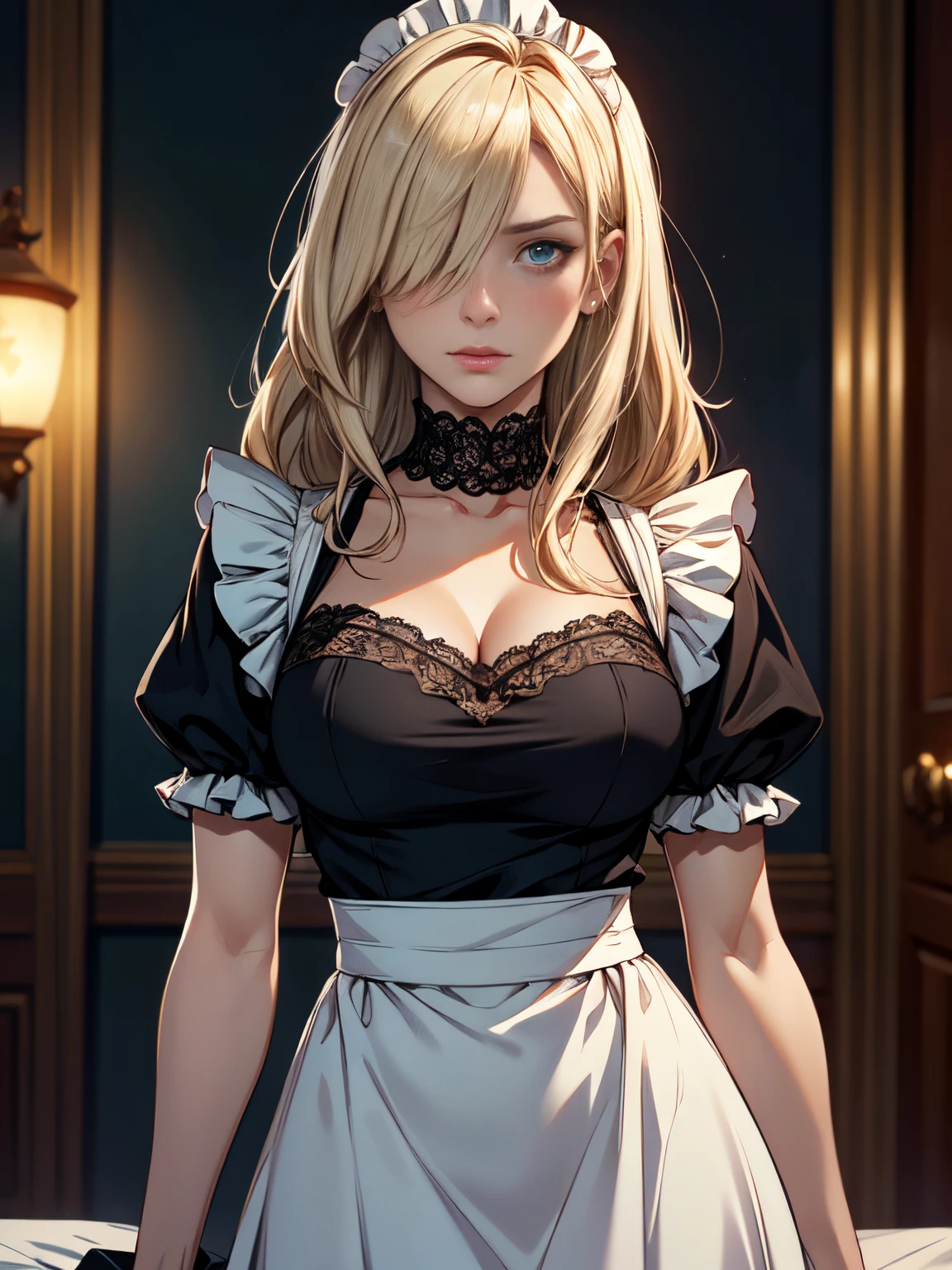 The woman, (Mature:1.3), blonde, Long hair, Bangs, ((Hair covers one eye)), eyes with blue color, irritable, grimalkin, bags under eyes, Russian, housemaid, Black dress with white trim, with a full skirt knee-length or higher, White half apron, usually with ruffles or lace, misanthrope, holding a Glock pistol, Masterpiece, (((Image Macro Details))), realistic face, Best Quality, Depth of field, 8K UHD, Film grain