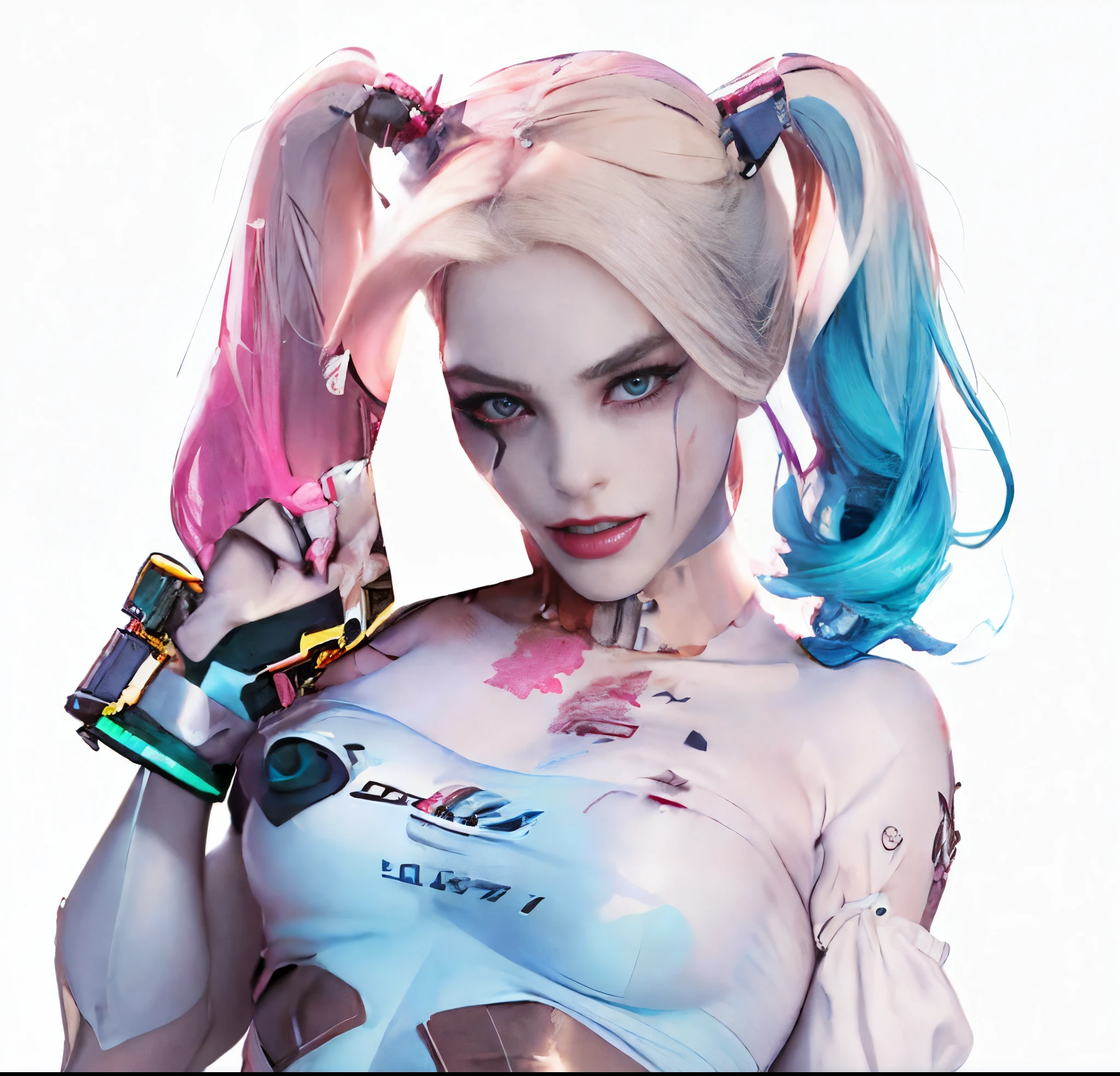 Arav dresses as a woman，with tattoos，holding a gun, Portrait of Halle Quinn, Harley Quinn, 3D rendering character art 8k, harley quinn, Cyberpunk 20 years old. oh oh oh，Model girl, cyberpunk angry gorgeous goddess, deviantart art station cgscosiety, ross tran 8 k, harley queen, Hot topics on artstation 4k, Beautiful cyberpunk woman model