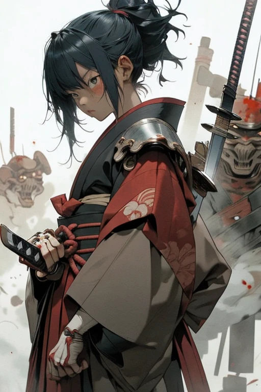 A female Samurai, holding her Katana with her mechanical hand, her sword is dripping blood after a battle, accompanied by a fighting robot, fire in the background , ancient Japan