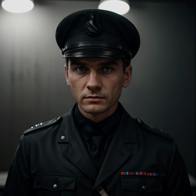 RAW photo, a portrait photo of Thomas Müller in Waffen SS general outfit with hat, solo, angry, night Berlin neon, (high detailed skin:1.2), 8k uhd, dslr, soft lighting, high quality, film grain, Fujifilm XT3