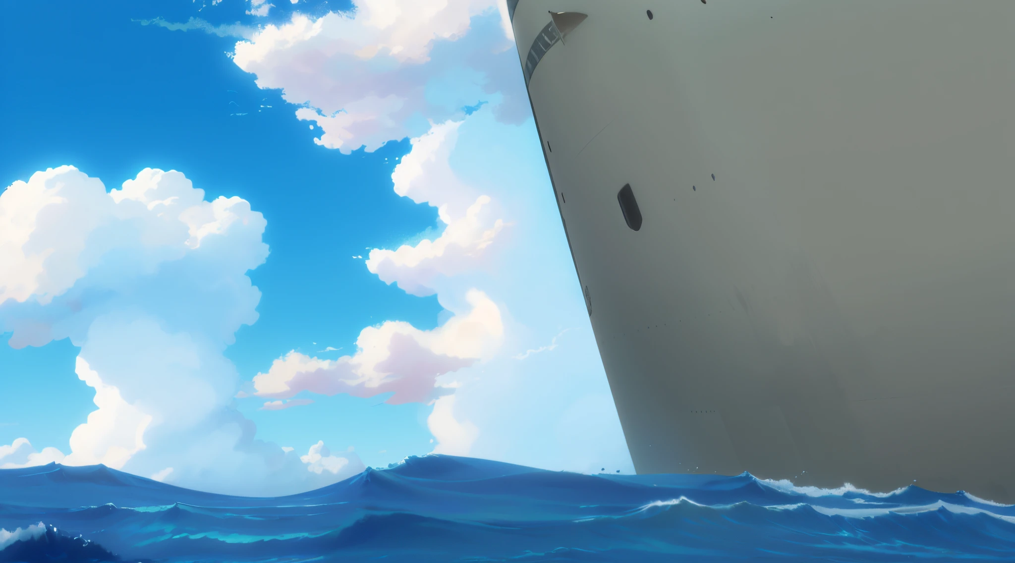 a view of the bottom of the rear of the ship, random background scene, ocean in the background, anime background, detailed scenery —width 672, anime scenery, looking into the horizon, anime landscape, the ocean in the background, low detailed. digital painting, sea in the background, anime scene, view of the ocean, sky and ocean background, anime, anime background, anime style, 4k, 4k anime background, 4k detailed,