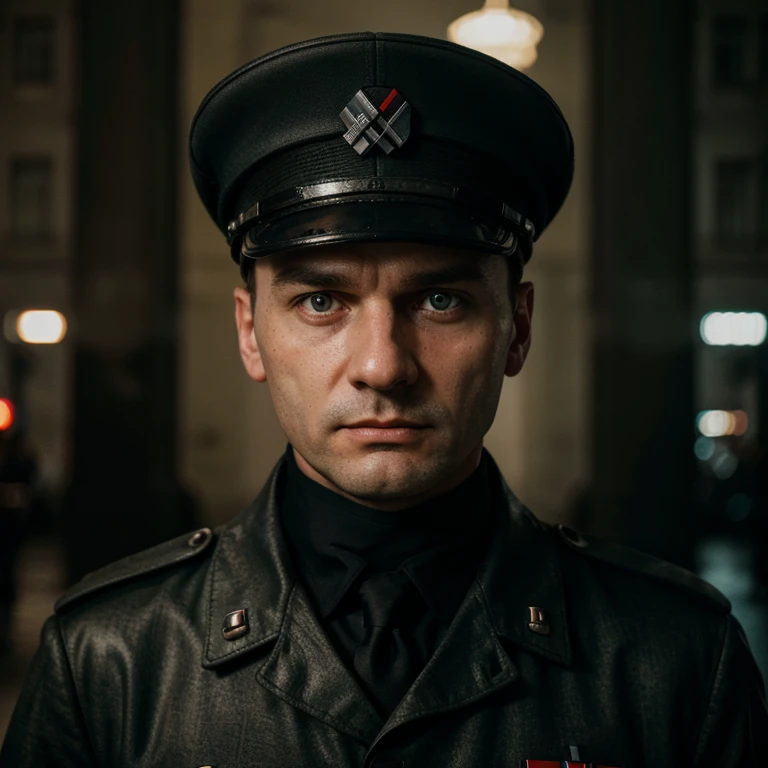 RAW photo, a portrait photo of Thomas Müller NAZI general outfit with hat, solo, angry, night Berlin neon, (high detailed skin:1.2), 8k uhd, dslr, soft lighting, high quality, film grain, Fujifilm XT3