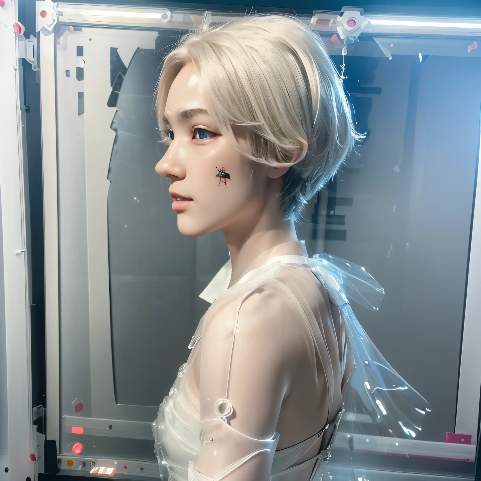 Highest quality,The perfect masterpiece,Perfect artwork,Official Works,8K,, (Upper Body Portrait:1.3),((Seen from the side:1.5)),close-up lens,Delicate face,, ,White-haired girl,(hakuhatsu:1.5),short and medium hair,((White transparent eyes:1.5)),(white dress:1.2),(Transparent clothing:1.2),(Black background:1.3),, pearl illusion,Cyberpunk,fashion trend,3s material,high-definition,detail representation,c4d,3D,octane rendering,ray tracing,complex details,animated lighting,OCrenderer,