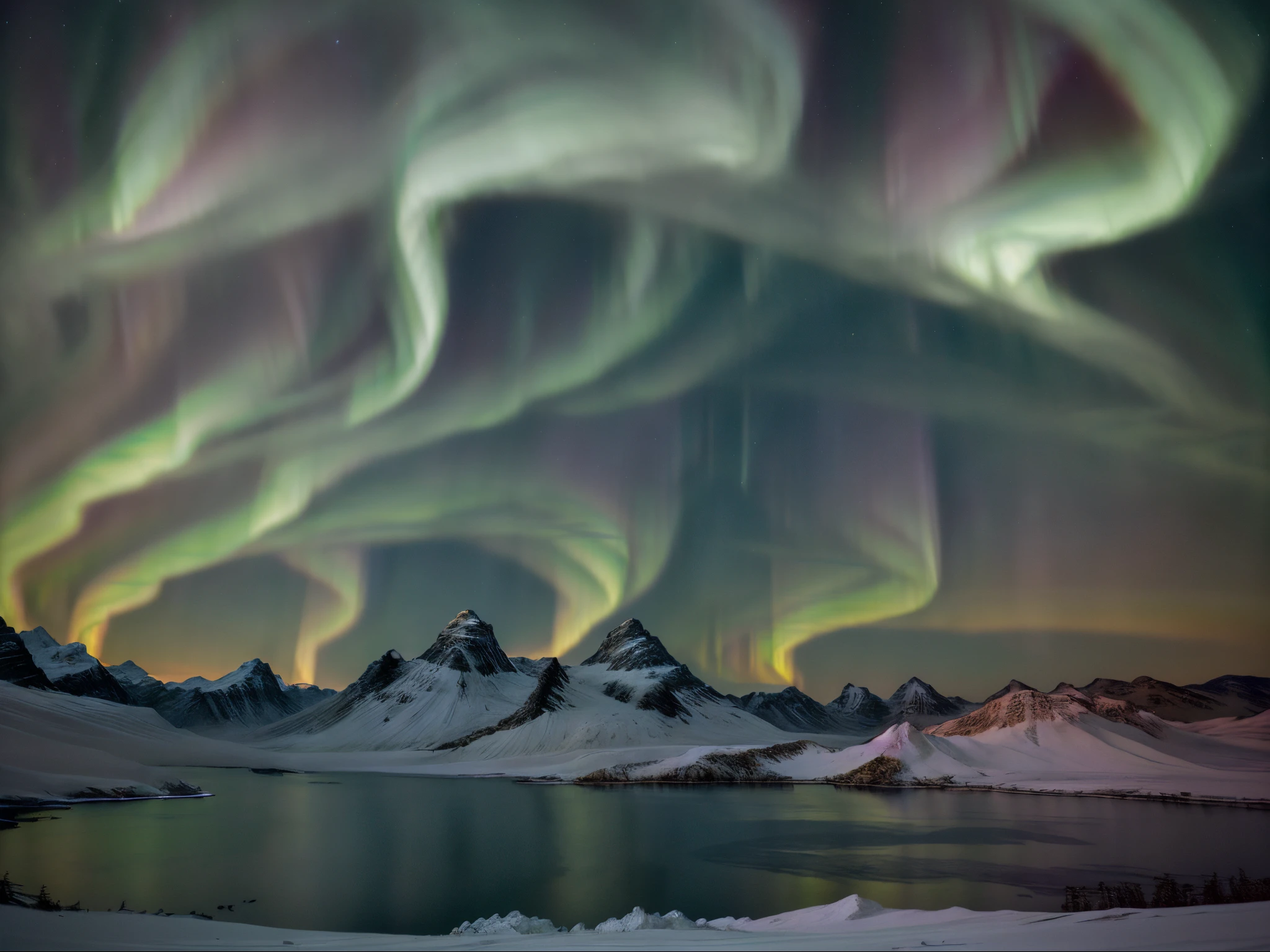 A breathtaking display of natural light phenomenon, the auroras, enchant viewers with their vibrant spectacle. These stunning light shows occur in the polar regions when solar wind intermingles with Earth's magnetic field. Imagine a beautifully captured photograph or painting, vividly portraying the brilliant hues that dance across the night sky. With immense precision and detail, this high-quality image showcases the ethereal and otherworldly beauty of the auroras, leaving viewers in awe of nature's magnificence.