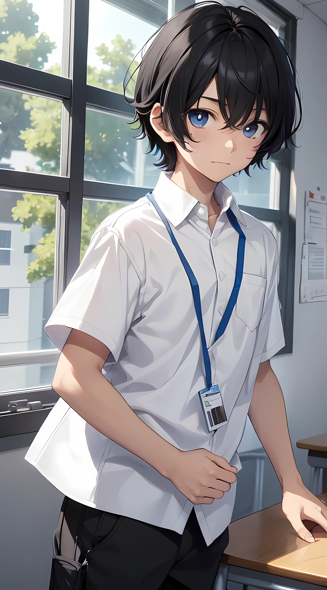 1boy, young male, age 12, black hair, happy, solo, detailed eyes, clear eyes, quality eyes, masterpiece, (UntuckedShirt:1.2), UntuckedShirt, student, White shirt (plain white), short sleeves, long black pants, wearing blue lanyard, standing, classroom, school, anime, line art anime