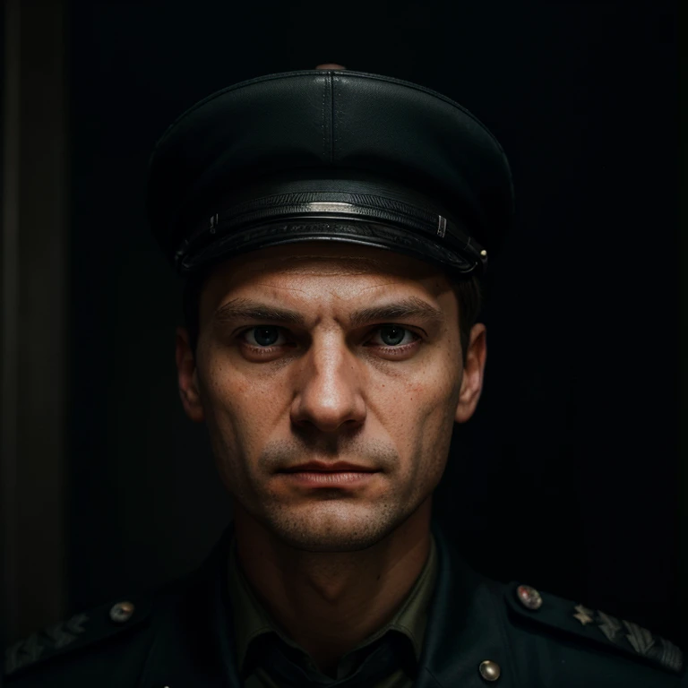 RAW photo, a portrait photo of Thomas Müller in NAZI general outfit with hat, solo, angry, night Berlin neon, (high detailed skin:1.2), 8k uhd, dslr, soft lighting, high quality, film grain, Fujifilm XT3