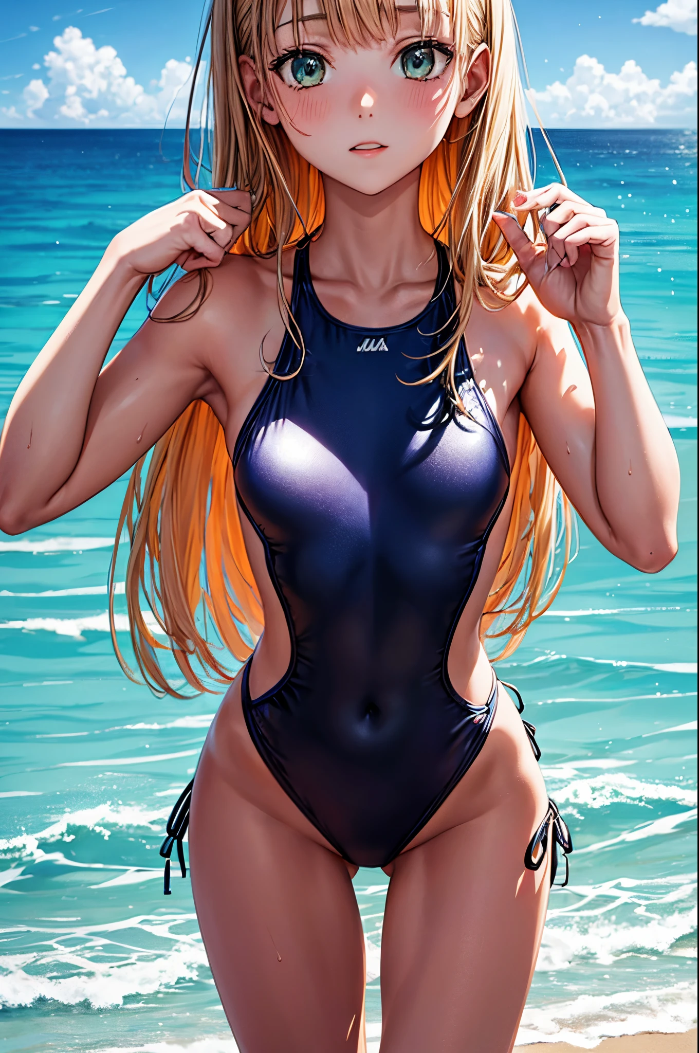 1 beautiful girl slim, Small Long Swimsuit, mar olas playa atardecer de verano, UHD, Obra maestra, Anatomically correct, Detalles altos, Altas Resoluciones, La mejor calidad, Super detail, 8k