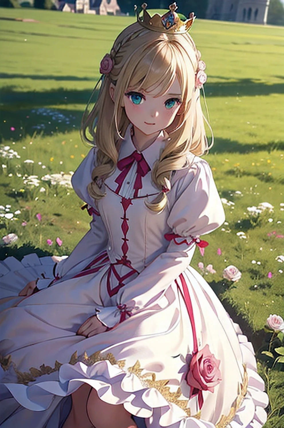 girl princess、blonde roll hair、In front of a castle in Europe、depth of fields、small crown、medieval pink dress、Brown gloves、grass field、Laugh merrily.、Facing the front、There are large rose hair clips on the left and right sides of the head.。..、Green eyes、Kick Pose、composition seen from below