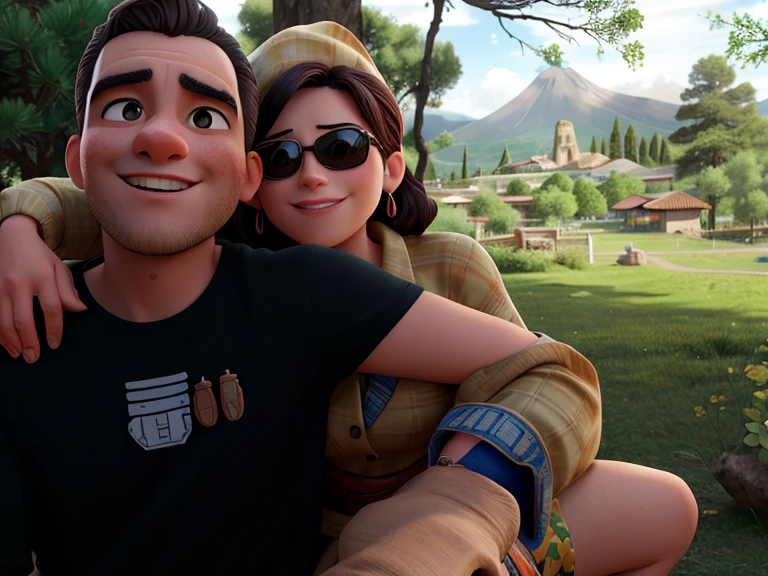 hay un hombre y una mujer sentados en el suelo en la hierba, with mountains in the background, with mountains in background, on mountain, pareja, by Nándor Katona, en el campo, with mountains as background, colinas en el fondo, with a volcano in the background, con un parque al fondo, on mountain, on a volcano