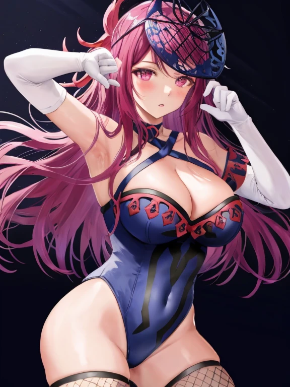 ivy fe, 1girl, solo, breasts, looking at viewer, blush, bangs, thighhighs, gloves, dress, cleavage, very long hair, collarbone, cowboy shot, parted lips, elbow gloves, white gloves, pink eyes, armpits, arm up, fur trim, covered navel, blue dress, swept bangs, black background, single thighhigh, fishnets, spikes, fishnet thighhighs, ((Tight leotard)), ((sexy pose)), ((Wrestling ring))