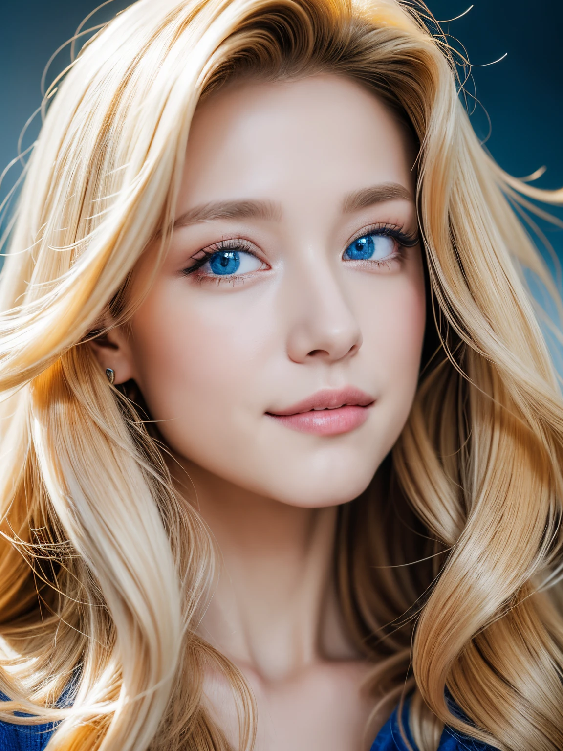 Best Quality、Raw photo、profetional lighting、Top image quality、masterpiece、Live-action depiction、The background is of the best quality、The background is professional lighting、Russian、There is a village frame pure、a blond、the eyes are blue、Smiling a little、Hairstyle is long、Black sweater、The background is in the city、
