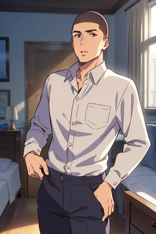 1boy, buzzcut,black eyes, muscular, collared shirt,white long sleeve shirt button, gray pants pulled down, undressing pants, parted lips, looking at the viewer, bedroom, cowboy shot