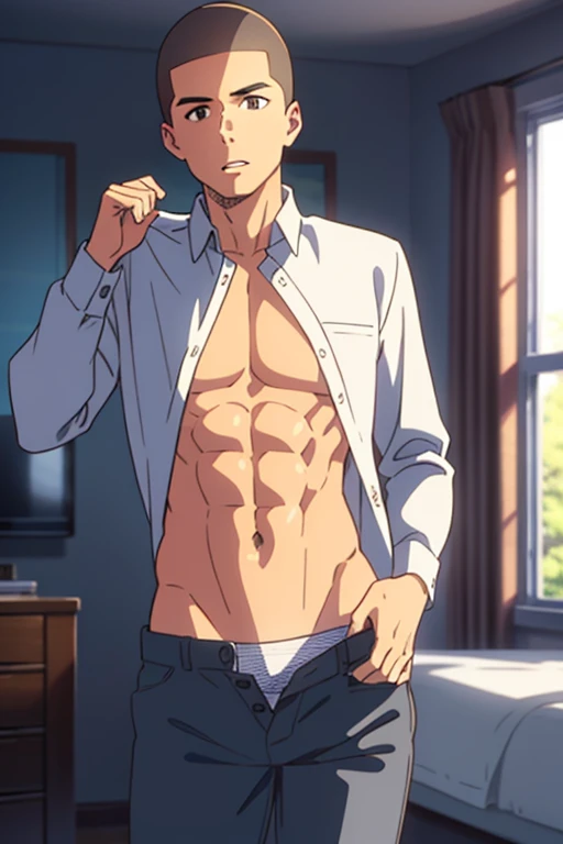 1boy, buzzcut,black eyes, muscular, collared shirt,white long sleeve shirt button, gray pants pulled down, undressing pants, parted lips, looking at the viewer, bedroom, cowboy shot