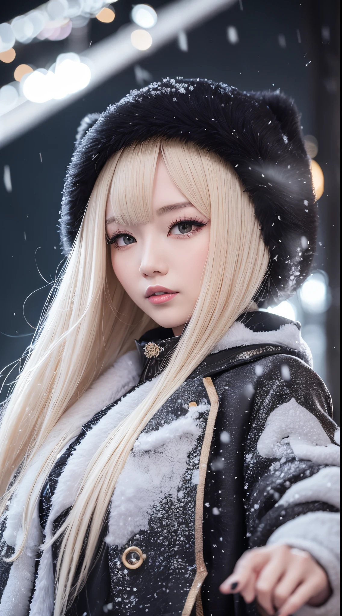 Black long coat　a blond　Chinese Idol　28 year old　eye glass　Winter neon city with snow falling