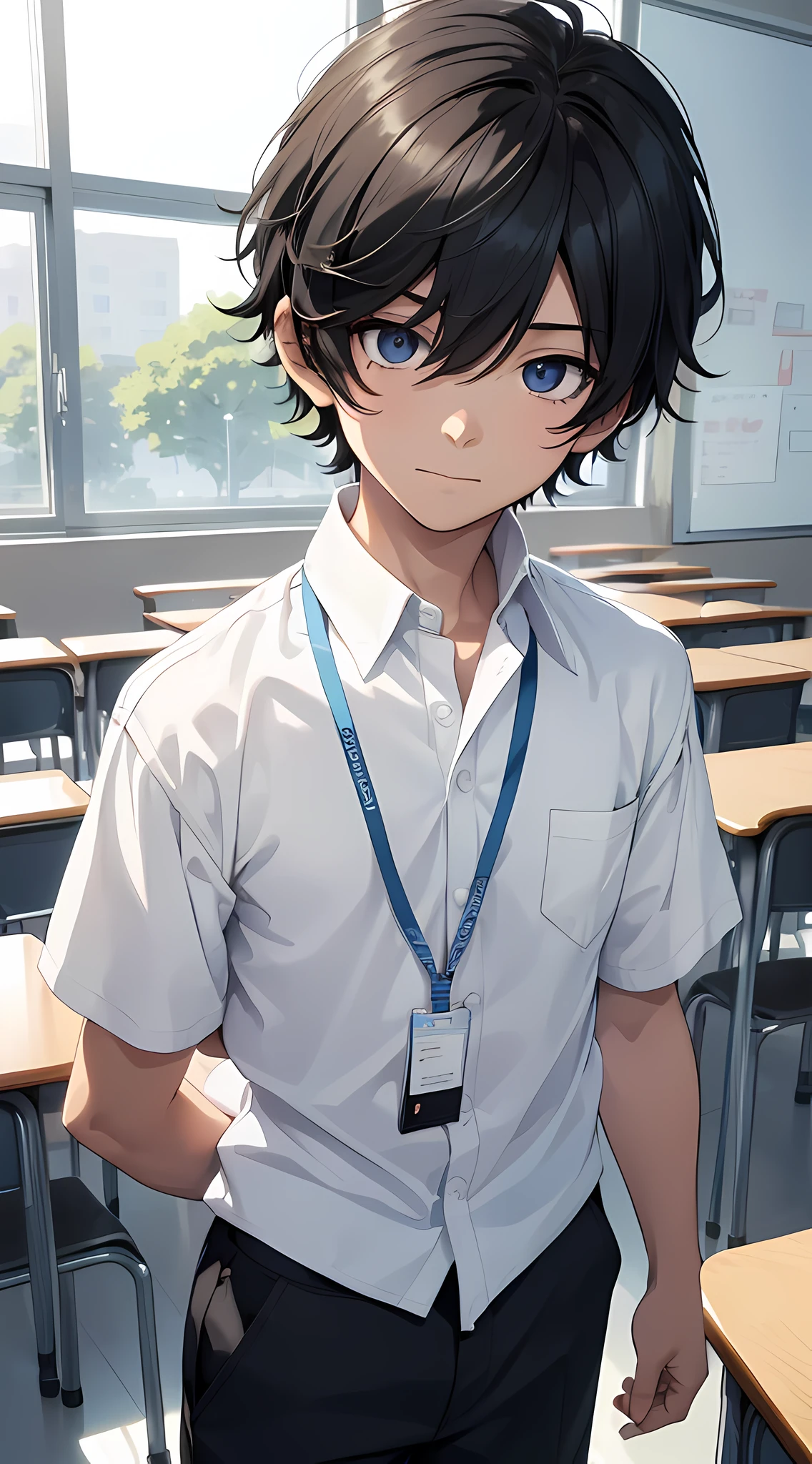 1boy, young male, age 12, black hair, happy, solo, detailed eyes, clear eyes, quality eyes, masterpiece, (UntuckedShirt:1.2), UntuckedShirt, student, White shirt (plain white), short sleeves, long black pants, wearing blue lanyard, standing, classroom, school, anime, line art anime