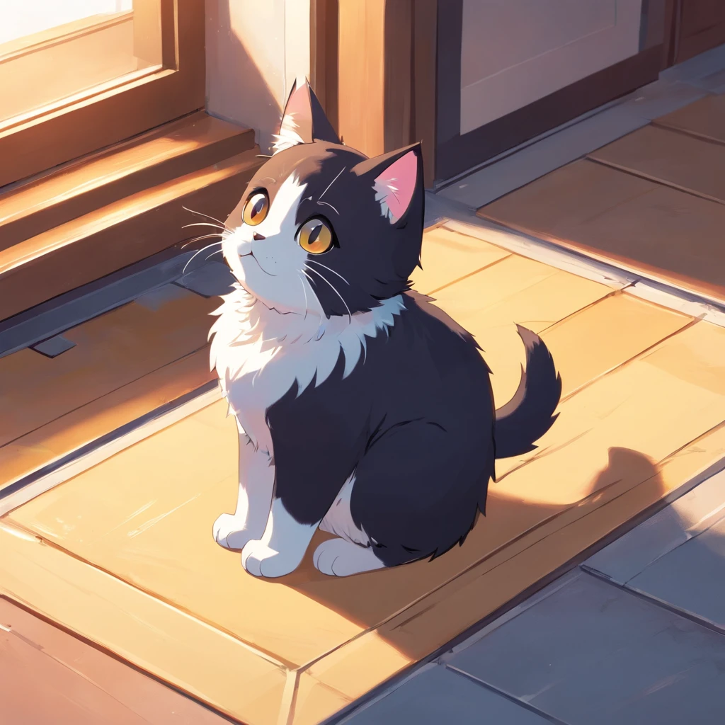 Cute isometric cat emoticon, tuxedo jack, black and white cat, Fluffy and cute,From the front of the kitten, you can see the cat’s back