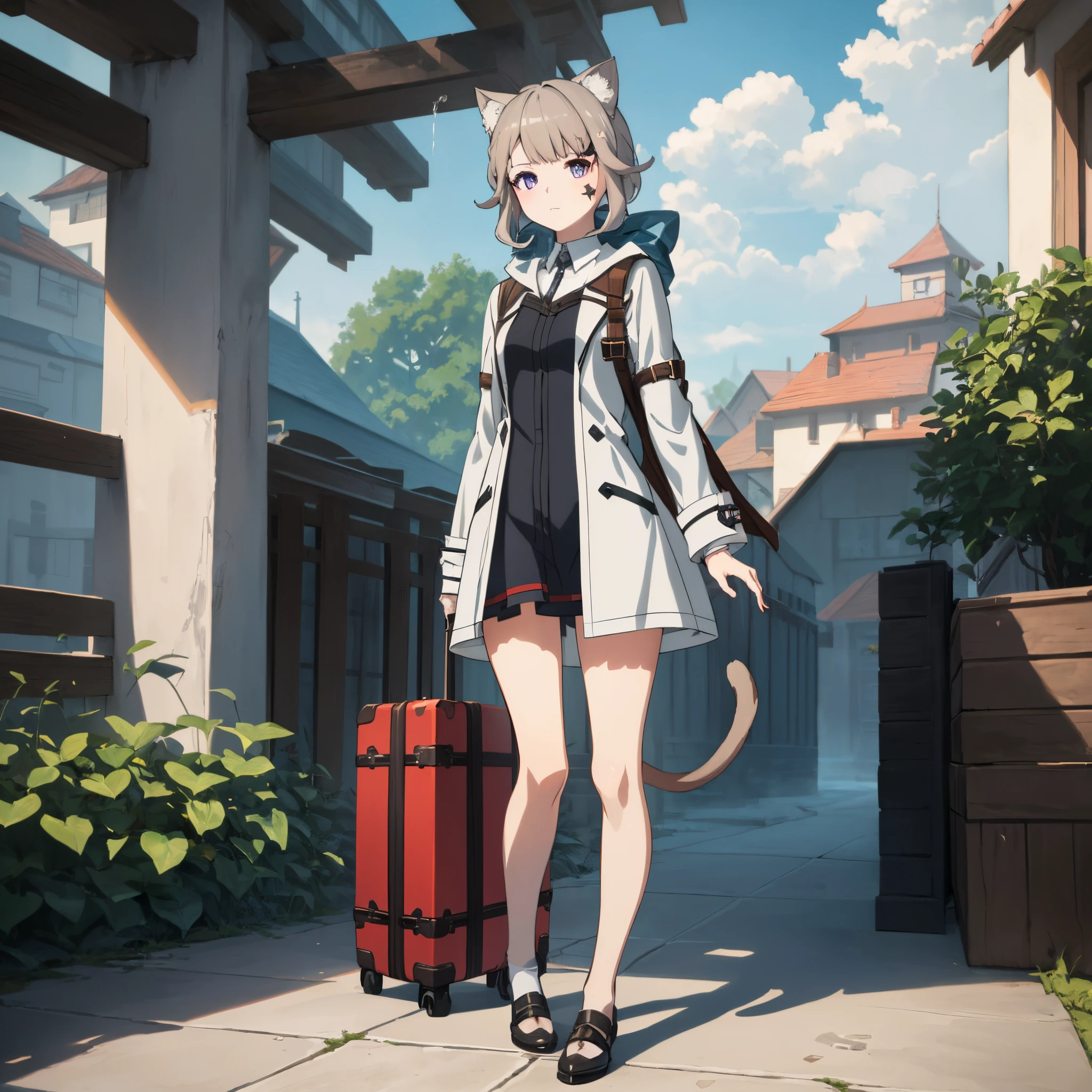 lynette, animal ear fluff, animal ears, cat ears, facial mark, hair bow, (purple eyes:1.1, brown hair, star, star on cheek  anime girl in white coat and hat with suitcase and hat, artwork in the style of guweiz, guweiz, guweiz on pixiv artstation, anime full body illustration, lolish, full body portrait of a short!, splash art anime loli, guweiz on artstation pixiv, smooth anime cg art, traveling clothes