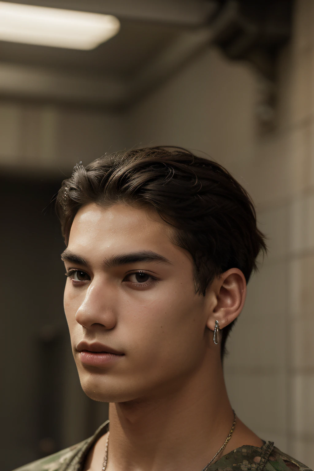 photo of a Save from an iPhone, de um garoto de 18 anos com cabelo curto, parecendo um soldado de cabelo escuro, pele clara, com cara de modelo, Olhos escuros, com um brinco no ouvido, and with oriental characteristics, com um visual atraente