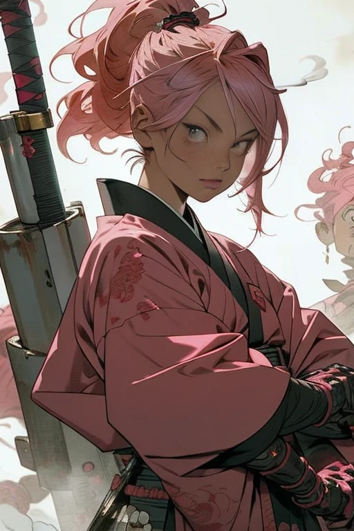 A female Samurai, pink hair, holding her Katana with her mechanical hand, looking at the viewer, her sword is dripping blood after the battle, she is accompanied by a red dragon robot, fire flames and smoke at the background, ancient Japan