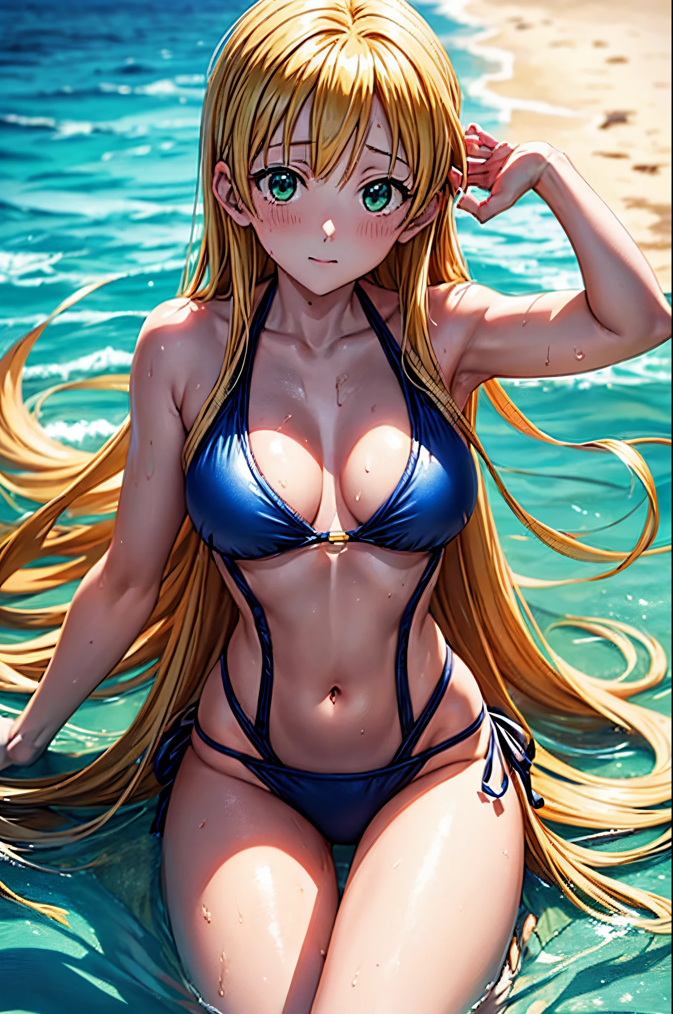 1 beautiful girl 16 years old slim, Small Long  Swimsuit, mar olas playa atardecer de verano, UHD, Obra maestra, Anatomically correct, Detalles altos, Altas Resoluciones, La mejor calidad, Super detail, 8k  Anime girl in blue swimsuit posing in the ocean., is wearing a swimsuit, swimsuit, Bikini realista, swimming suit, wet swimsuit, seductora chica de anime, en la playa, hermosa chica de anime, Linda chica con traje sin mangas, in a gold one piece swimsuit, Hermoso y atractivo anime adolescente, (Chica anime), en el mar, Atractiva chica de anime, linda chica de anime