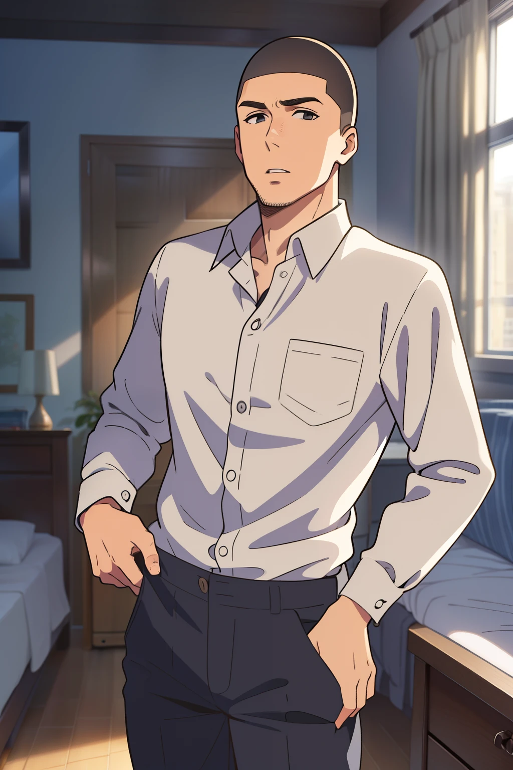 1boy, buzzcut,black eyes, muscular, collared shirt,white long sleeve shirt button, gray pants pulled down, undressing pants, parted lips, looking at the viewer, bedroom, cowboy shot
