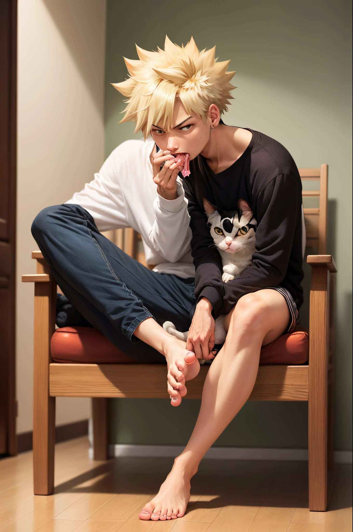 Bakugou sucking Kirishimas toes while deku sits like a cat