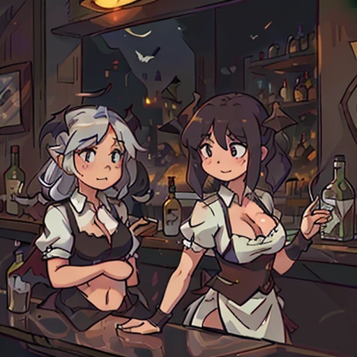 (two women), a woman with feather wings, white and silver feathers, female representation of an angel, smoking a cigarette, expression of boredom. A woman with fur wings, bat wings, female representation of a demon, happy expression. The two talk in a bar, a large atmosphere, a dancing bar, a classic bar, at the end of the night. There are bottles scattered on the tables, few people in the room. Behind the bar, the presence of a demon-bartender cleaning the counter is noticeable.