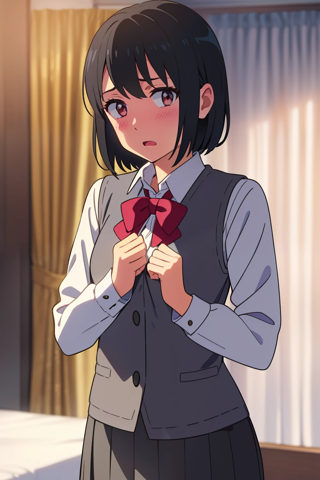 1girl, bangs, black hair, blush, bow, brown eyes, collared shirt,white long sleeve shirt, short hair, undressing grey vest, short skirt, long sleeves, puffy sleeves, red neckerchief, worried eyes, open mouth, looking at the viewer, bedroom, curtain, cowboy shot, covering her chest,