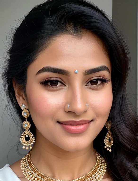 there is a woman with a necklace and earrings posing for a picture, with cute - fine - face, beuatiful face, actress, good looking face, nivanh chanthara, pretty face!!, profile image, eye level view, taken in the early 2020s, she has a cute expressive face, indian, she has a cute face