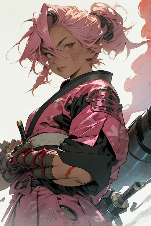 A female Samurai, pink hair, holding her Katana with her four mechanical arms, looking at the viewer, her sword is dripping blood after the battle, she is accompanied by a red dragon robot, fire flames and smoke at the background, ancient Japan