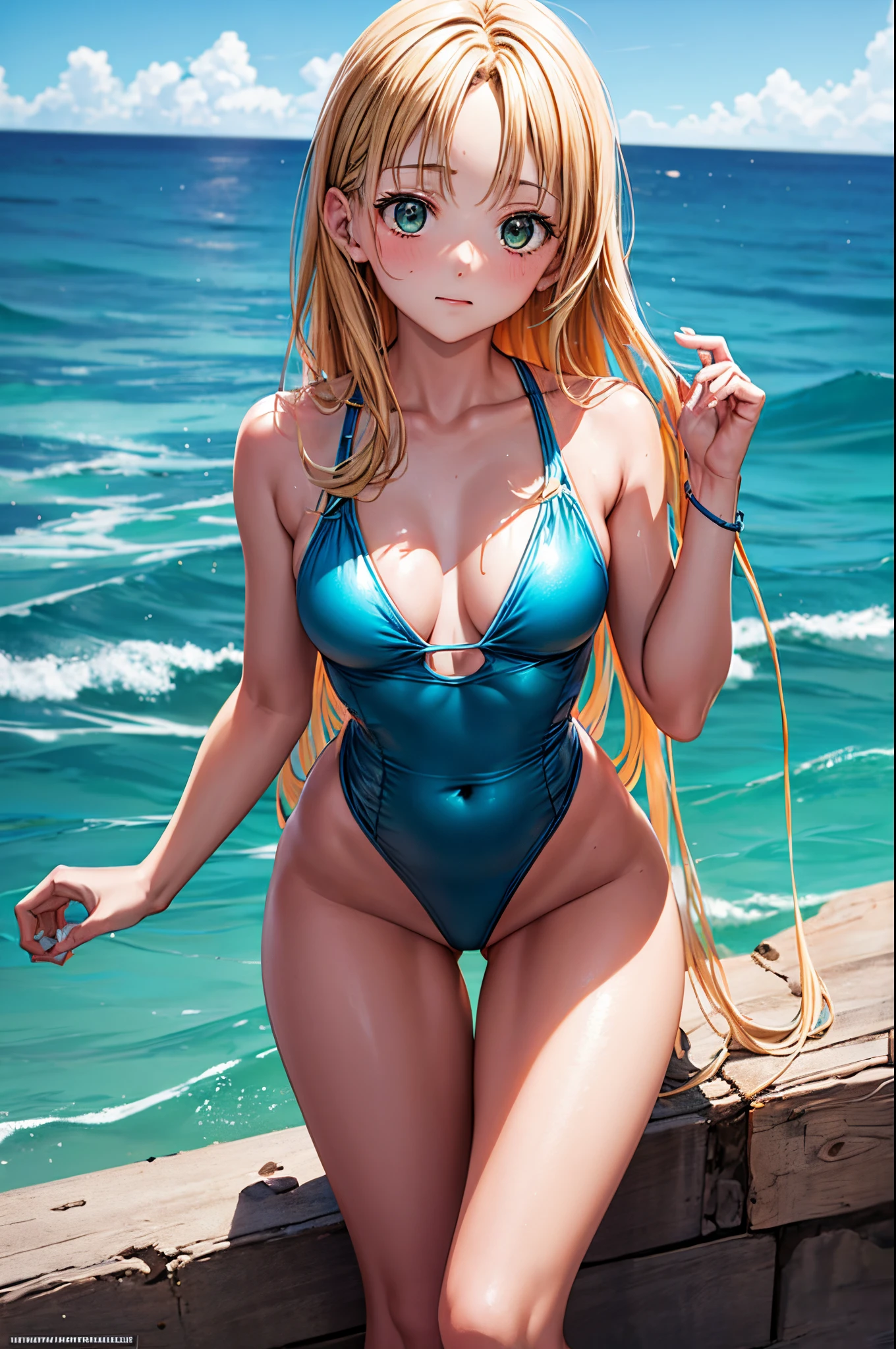 1 beautiful girl 18 years old slim, Small Long  Swimsuit, mar olas playa atardecer de verano, UHD, Obra maestra, Anatomically correct, Detalles altos, Altas Resoluciones, La mejor calidad, Super detail, 8k