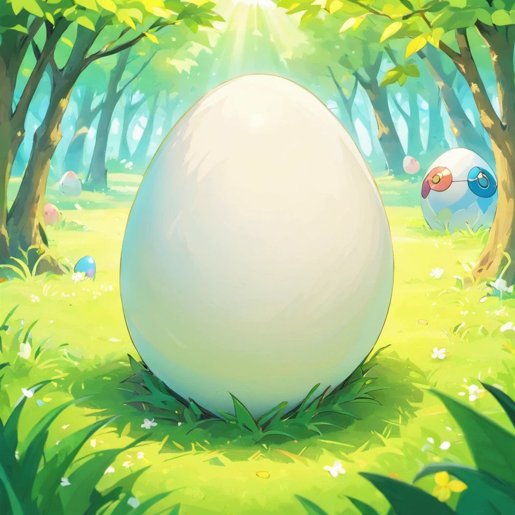 A white pet egg,In the background is an egg nest built on grass in the forest.