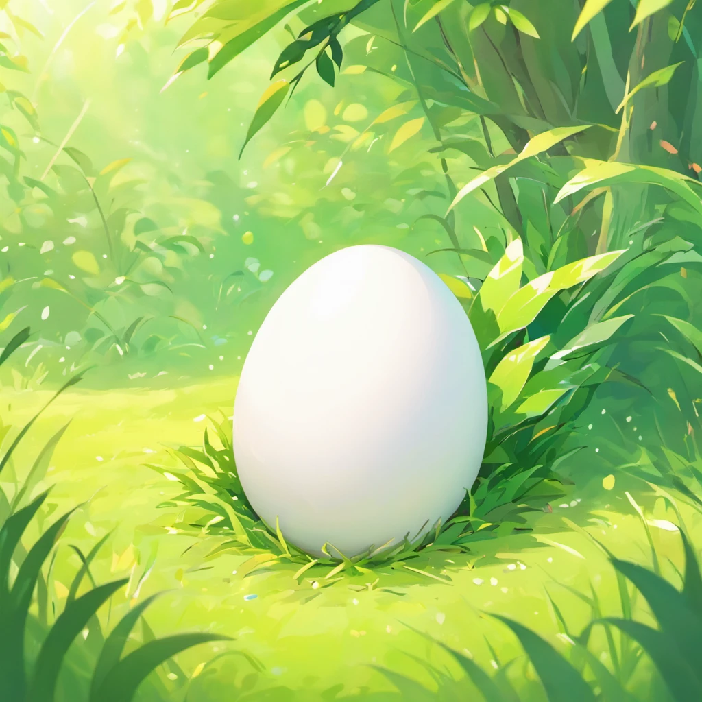 A white pet egg，In the background is an egg nest built on grass in the forest.
