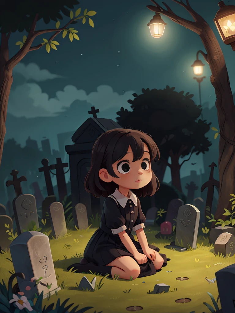 cute little graveyard, 1girl, wearing a black dress, sitting in front of a tombstone, night, lamp light