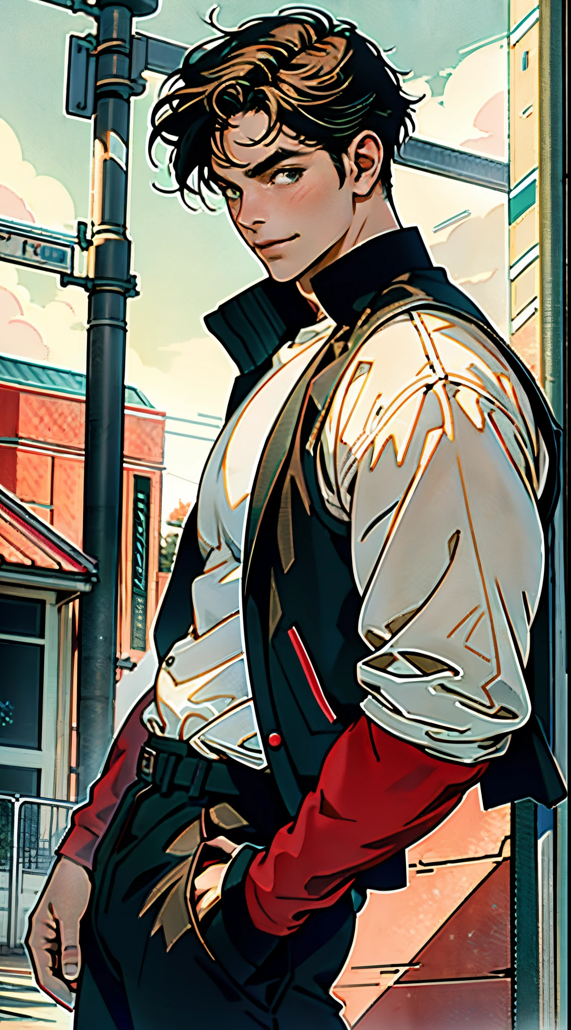 A young man, long black hair, a cheerful smile, thick and arched eyebrows, squinted eyes, brown skin, a sturdy physique, an open plain brown vest, revealing his muscular body, his right hand rests on the back of his head, a loose utility pants, the background depicts a lively fantasy-style street, this character embodies a finely crafted fantasy-style worker in anime style, exquisite and mature manga art style, high definition, best quality, highres, ultra-detailed, ultra-fine painting, extremely delicate, professional, anatomically correct, symmetrical face, extremely detailed eyes and face, high quality eyes, creativity, RAW photo, UHD, 8k, Natural light, cinematic lighting, masterpiece-anatomy-perfect, masterpiece:1.5