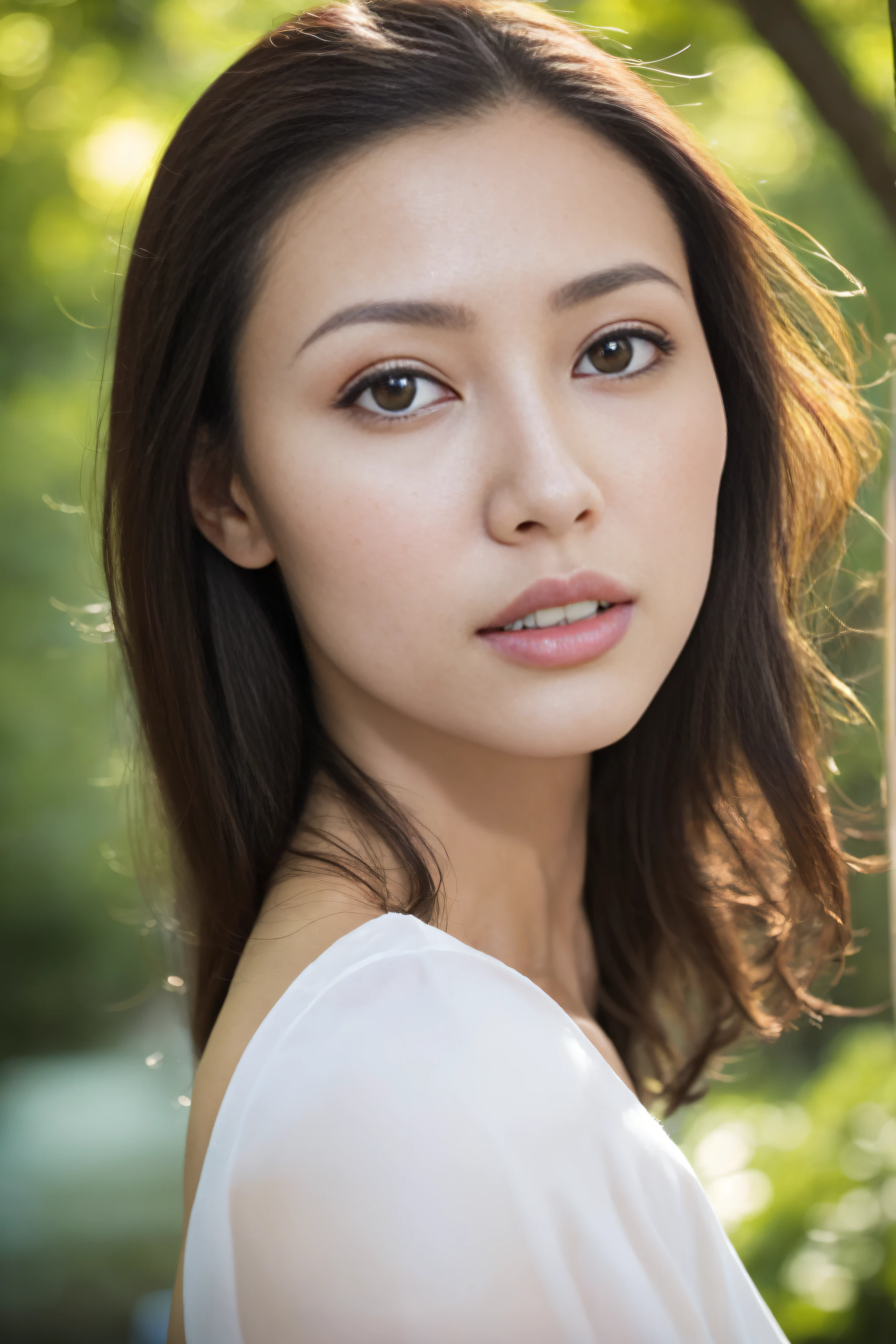 a fashion model，25 age old，[[[[Close-up cleavage]]]], [[[[climaxing]]]], [[[[Cole]]]], [[[[bshoulder]]]],perfect  eyes, Perfect iris，perfect lips，perfect teeth，Perfect Skin，with fair skin，HighDynamicRange，Movie Girl，(delicated face)，(Highly defined faces)，((closeup of face))，White casual wear，The background is green trees，fresh flowers，4K Ultra HD, 超高分辨率, (realistically: 1.4), Best quality，tmasterpiece，（pastel colour：1.2）