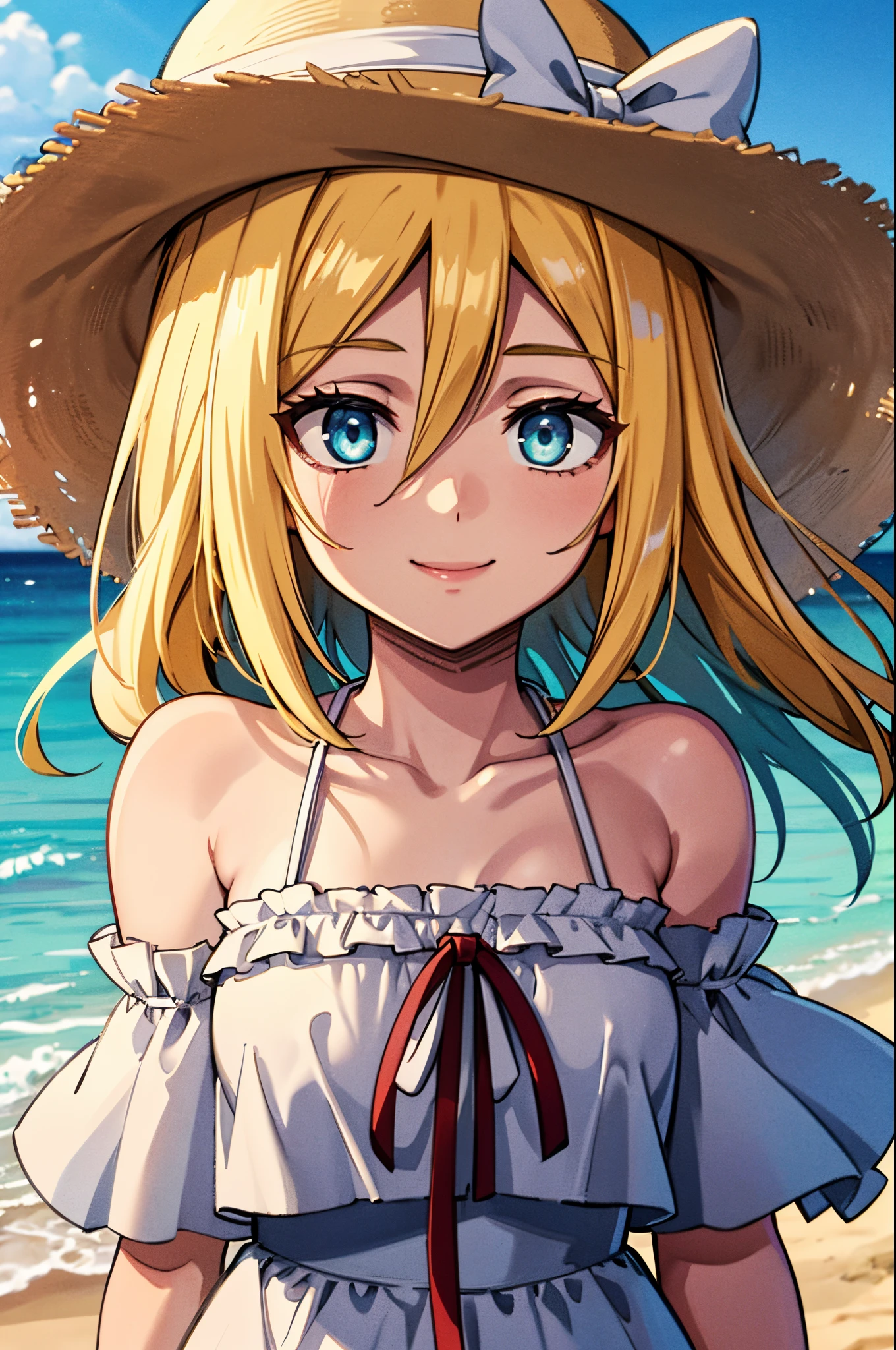 (masterpiece), best quality, expressive eyes, perfect face, highres, (8k), (perfect face), (ultra details), pikkyhistoria, 1girl, solo, blonde hair, hair between eyes, short hair, long hair, blue eyes, long white dress, off shoulders, A-line dress, white, hat, beach hat, beach background, wind blowing, sand, clear sky, hair blowing in the wind, dress moving in the wind, smiling, standing, portrait, looking at the viewer