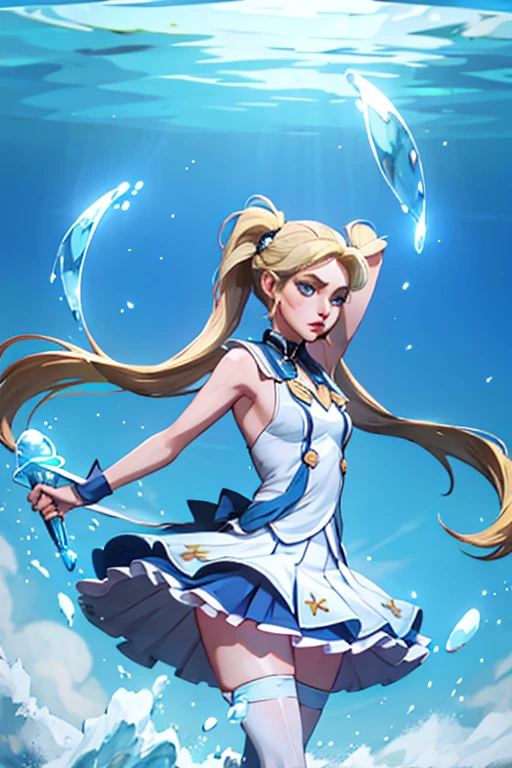 young woman, long curly blonde hair, white dress, pigtails, blue eyes, poofy blue skirt, controlling water like waterbending
