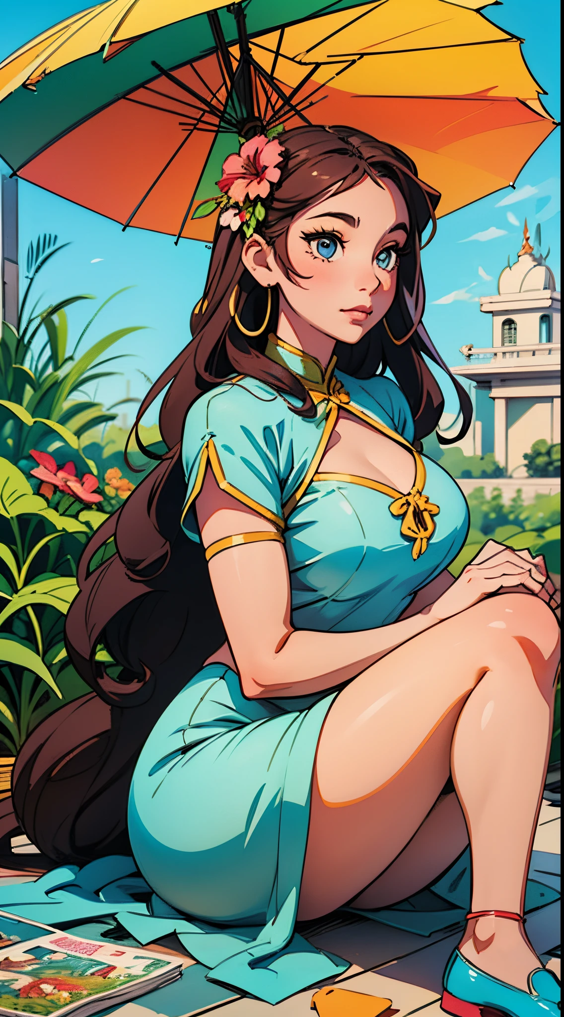 A captivative painting of Myanmar beauty Wearing casual Myanmar dress, curvy body, sexy posing with a soft blue color floral pattern painted Pathein umbrella, sitting on the floor, at the square of Shwedagon pagoda.  A comic book illustration --auto --s2