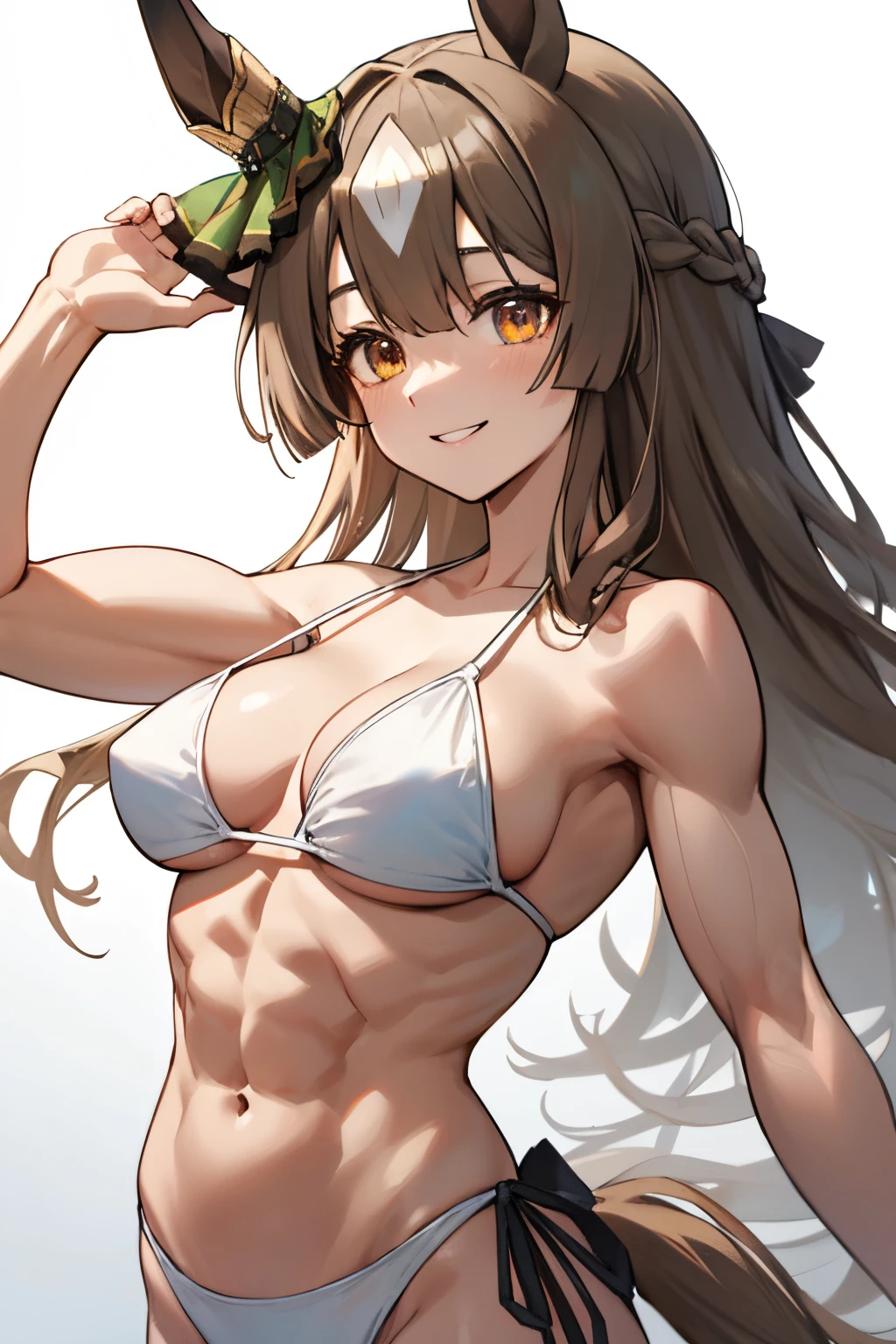 satono diamond\(umamusume\), ultra-detailed face, masterpiece, best quality, from front, upper body, serratus anterior muscle, wallpaper, abs, dynamic pose, horse tail, white bikini, smile, slender, large tits, white background