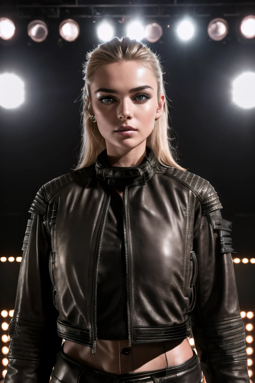 ((A European beauty on the stage: 1.4)), straight face, clear facial features, high eyebrows, smoky makeup, cool, superstar, laser lights, light show, ((leather jacket: 1.5)), leather Shorts, hot, album cover, portrait, photography, atmosphere, RAW format, high-definition shooting, optical zoom, bright scene