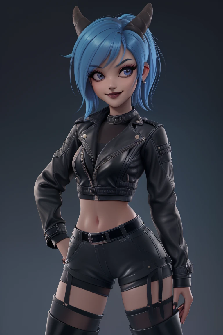 beautiful 1girl, close, short bright blue neon hair in a ponytail, thin body, narrow hips, narrow waste, medium breasts, detailed eyes, (seductive pose: 1.25), shy smile, black eyeshadow, dark makeup, revealing clothes, ((fitted cropped leather jacket, tight fitted short shorts, thigh high leather boots:1.3), short goat horns, (dark city background:1.22), city skyline, streets, highly detailed, fine detail, intricate, beautiful detailed glow, detailed, Cinematic light, high-res, sharp focus, smooth, aesthetic,