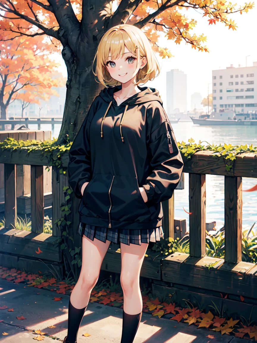 ((1 beautiful young girl)),Solo、1 persons、 ((17-year-old junior high school girl))、(bob hairstyle, blonde hair girl in orange oversized full-zip hoodie:1.3),(Do not wear hoodie hood:1.3)、Wearing a shirt inside a hoodie、(grey plaid pleated skirt), (high socks), (loafers),、Autumn Park、Colored leaves、leaves falling、stroll、A slight smil、Don't put your hands in your pockets, girl grinning at viewer