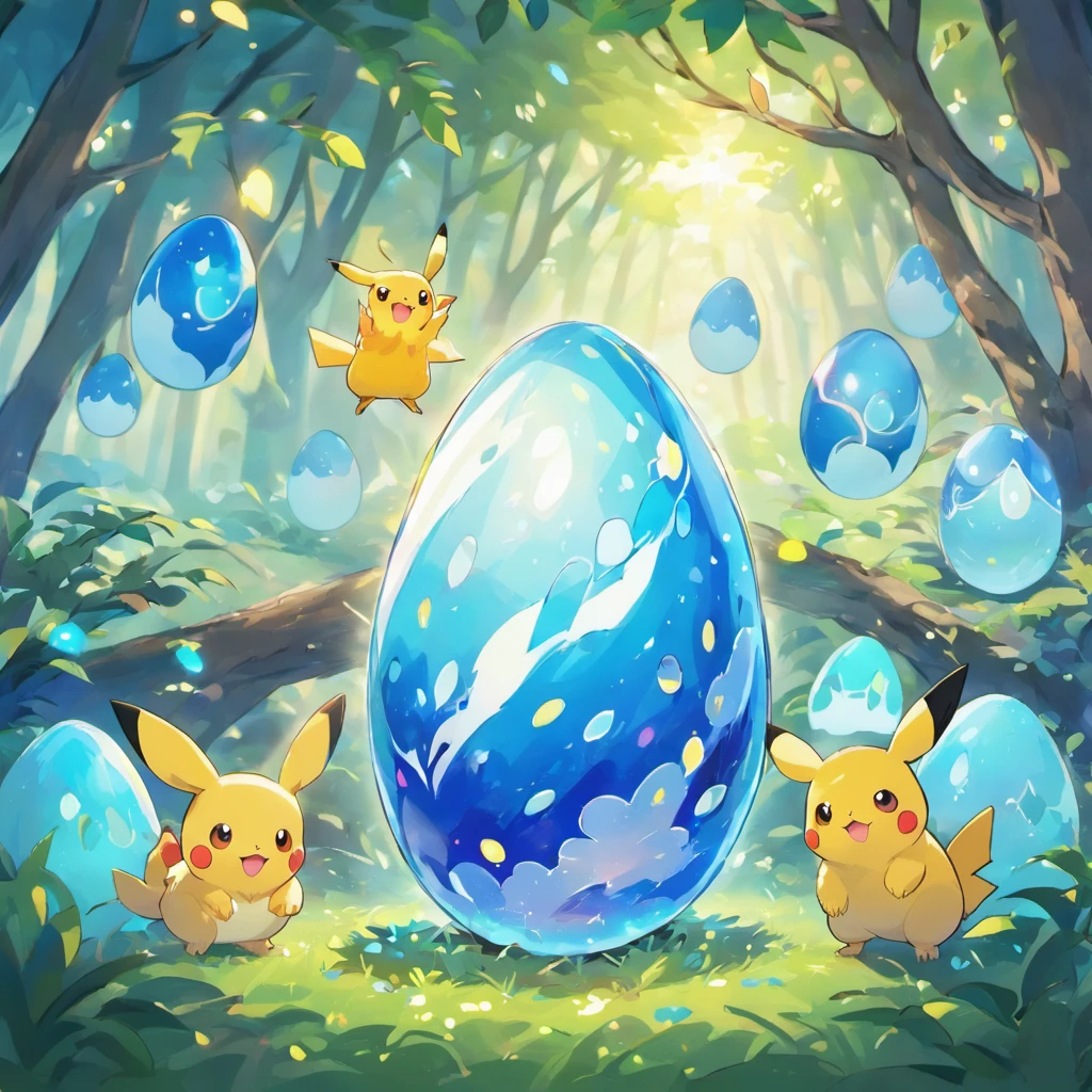 Many blue pet eggs,There are colorful lights all around,In the background is an egg nest built in a forest meadow.