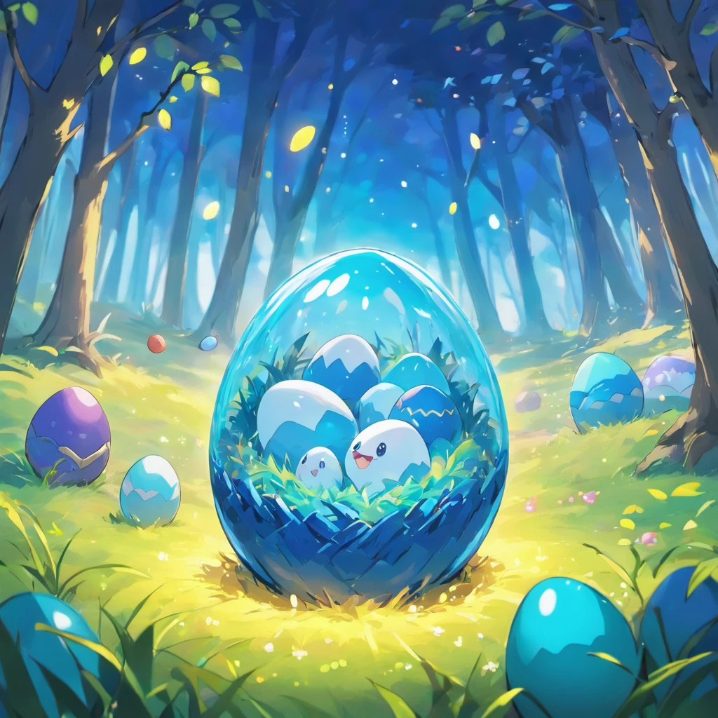 Many blue pet eggs,There are colorful lights all around,In the background is an egg nest built in a forest meadow.