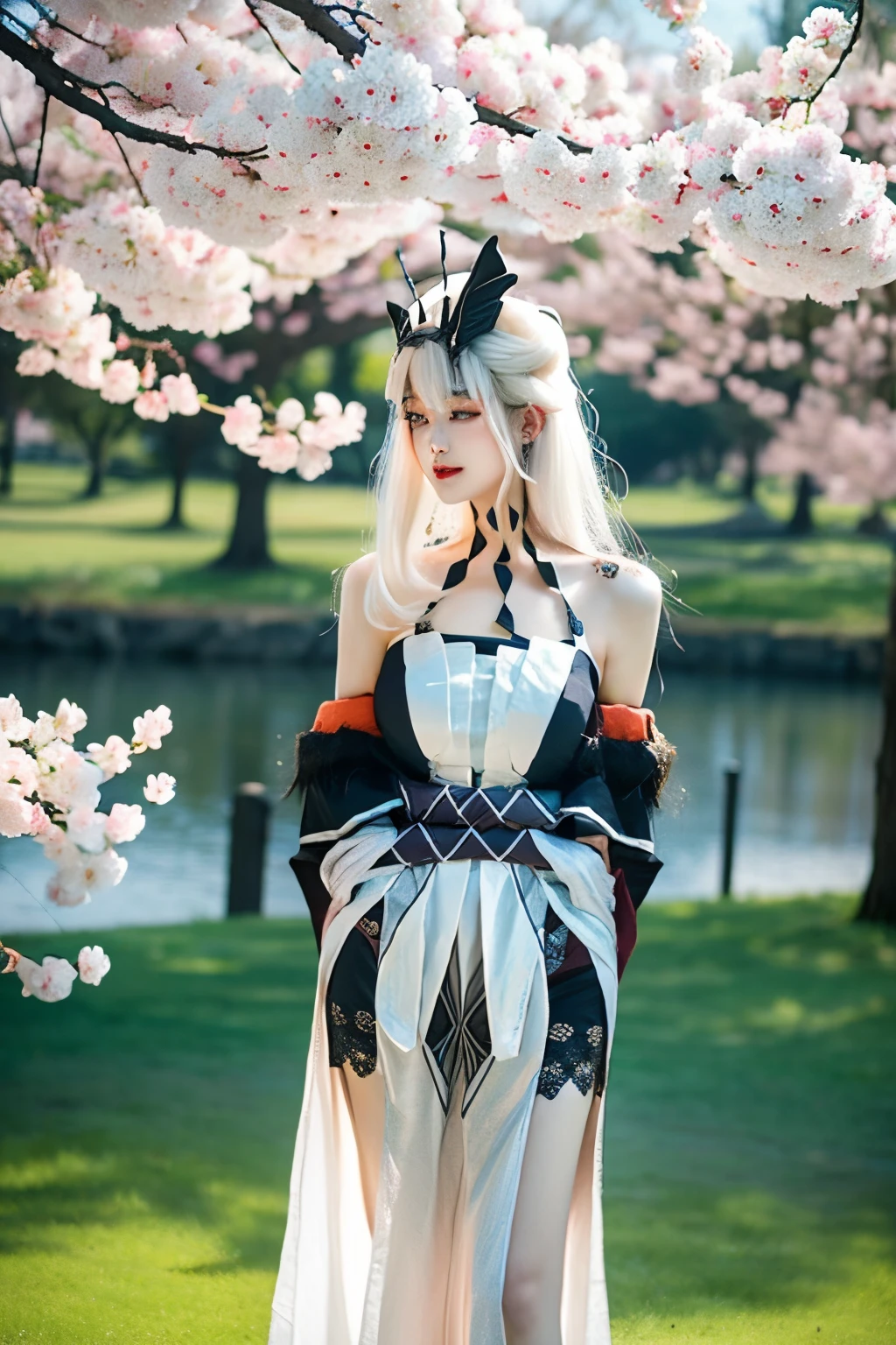 ning_guang, sweet girl, white hair,(large breasts:1.2), long hair, sidelocks, parted bangs, hair ornament, jewellery, bare shoulders, detached sleeves, blue dress, upper body, outdoors, sunshine, lawn, flowers, lake, park, sunny