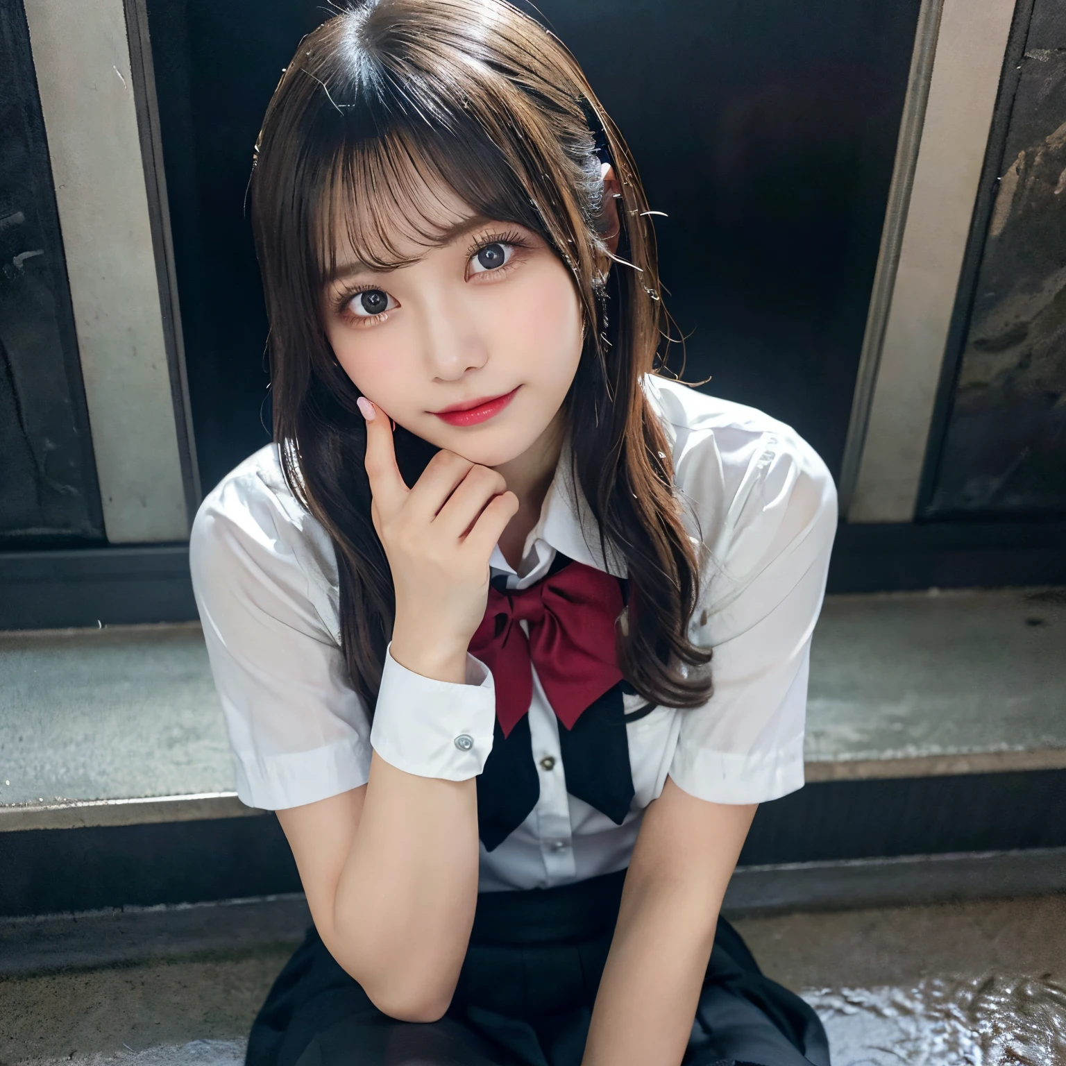 (((32k,high detal,high-detail、masterpiece,Attention to detail,full body Esbian,独奏))),Raw photo & realistic atmosphere,beautiful dark blue eyes,Detailed mouth,Glossy lips,Detailed eyebrows,Eyes drawn in detail with soft white skin that shines with every detail、azure eyes,Very beautiful eyes,Detailed lips、Very beautiful face,Very well-formed face、Lifelike face,shiny beautiful lips, Realistic Young Gravure Idol, very beautiful school girl, , Young Sensual Gravure Idol, Young Gravure Idol, Beautiful and cute mature16 year old schoolgirl,the whole body is wet,dripped out,with a flushed face,Incredibly beautiful, Sexy and classy16-year-old girl,semi-long brown shiny hair,Hair is wet,Dripping water,dripping,(Looking at the camera:1.4),(darkness,Very dark,Using the flashlight、Illuminate subjects in a pitch-black classroom with no light:1.7),(A sexy,Healthy toned body,HDTV JAPAN HDT VISION BLACK HDT VISION BLACK HDTV HDTV BLACK HDTV HDTV BLACK HDTV UNIFORM,Medium shape chest,,Mature body, I'm anxious and about to cry,Moist eyes,cold smile,glareing,The glaring face is also beautiful,High-resolution arm,,high-definition fingers,:1.5),(The chest of the uniform is open,Wearing black and red classy schoolgirl uniform、Sitting upright in black pantyhose and sexy legs、Lifting the skirt in embarrassment:1.7)