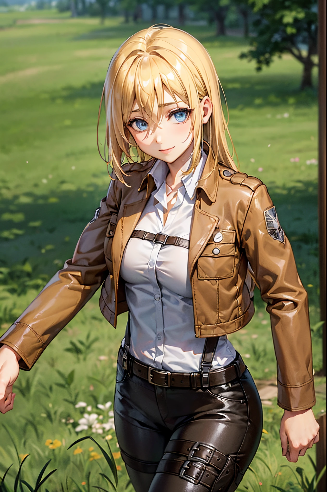 ((upper body portrait)), (masterpiece), best quality, expressive eyes, perfect face, highres, (8k), (perfect face), (ultra details), pikkyhistoria, 1girl, solo, looking at viewer, blonde hair, hair between eyes, short hair, long hair, blue eyes, jacket, paradis military uniform, pants, shirt, brown jacket, belt, white pants, long sleeves, emblem, open jacket, collared shirt, open clothes, thigh strap, boots, white shirt, standing, field, grass, trees, smile