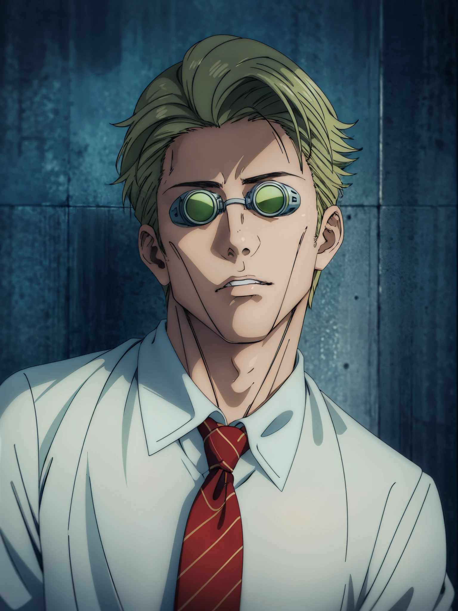 arafed man in a white shirt and red tie posing for a picture, ((KentoNanami)),masterpiece,highres,high quality,extremely detailed,goggles,tinted eyewear,serious,formal,fighting_stance,